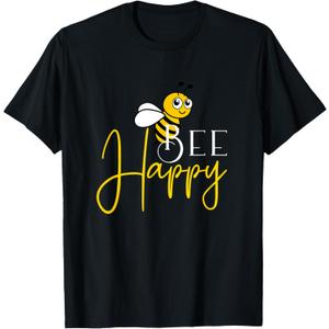 Bee Happy T-Shirt Black Small Crew Neck Comfort
