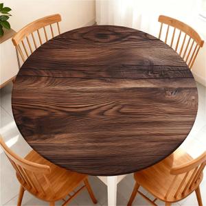 Round Fitted Tablecloth with Elastic Edge, Waterproof Stain Resistant Fabric Table Cover for 37"-44" Round Table, Indoor Outdoor Dining, Kitchen Decor, Camping, Party, Holiday, Walnut Wood