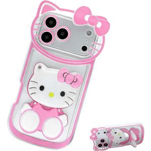 Anime Cat Case for iPhone 17 Pro,Phone Holder Stand with Makeup Mirror, Kawaii Phone Cases, Cool Unique Protective Cover for Women