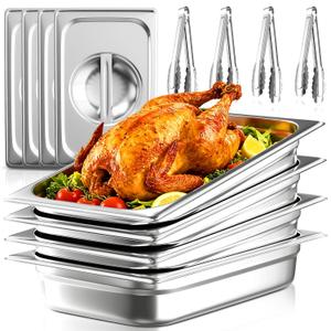 1/1 Full Size Hotel Pans with Lids | 4" Deep (4 Pack) | 4 Kitchen Tongs