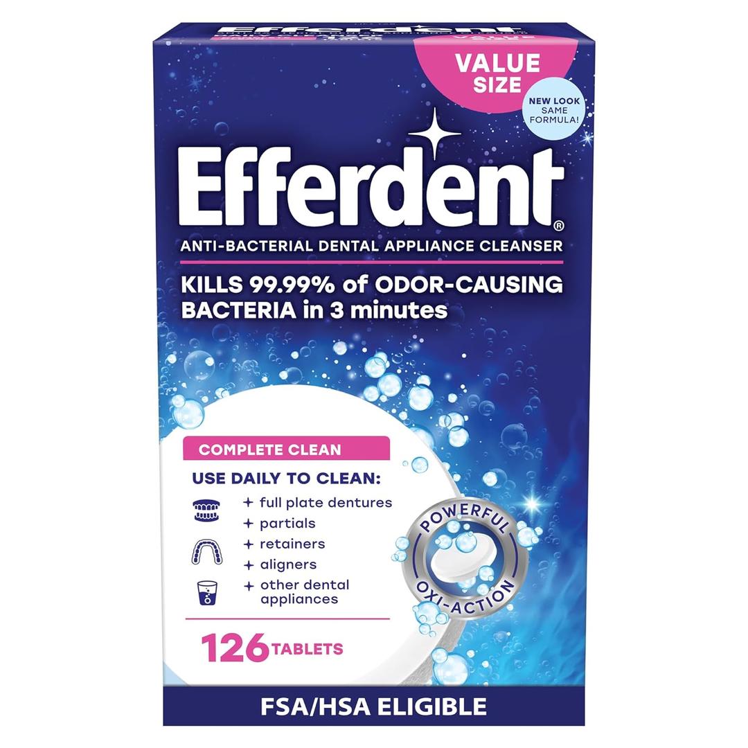 Efferdent Denture Cleaner Tablets  Dental Appliances, Aligners, Mouth Guard, and Retainer Cleaner Tablets, Complete Clean, 126 Count