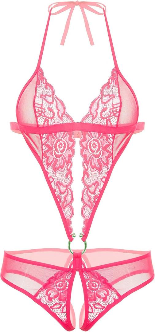 Avidlove Women Deep V Lingerie Lace Teddy One Piece Babydoll Mini Bodysuit (Medium, Rose Red)