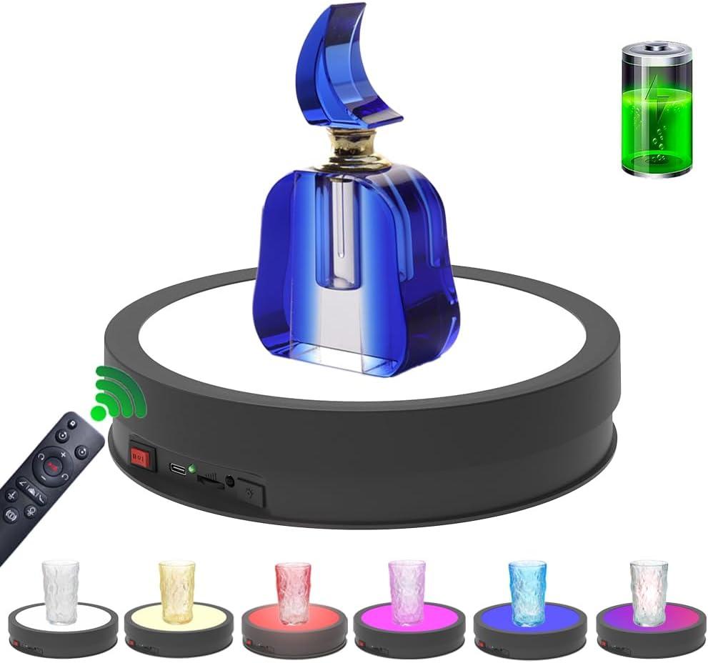 JAYEGT Variety Colors LED Light Non-Slip Rotating Display Stand , 66lbs Load, 360 Degree Photography Turntable for Glass Crystal Spherical Artwork (8.66inch / 6Color LED Light / Black / Rechargeable)