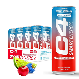 C4 Smart Energy Drink, Cherry Berry Lime Flavor, Zero Sugar, Carbonated, 12 oz can (12 pack), BBD 06/2026