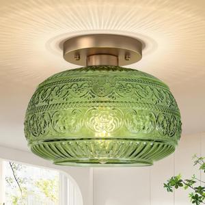 Semi Flush Mount Ceiling Light, 9" Green Glass Gold Fixture, Modern Close to Ceiling Light for Kitchen Hallway Bedroom, E26 Base,Bulb NOT Included