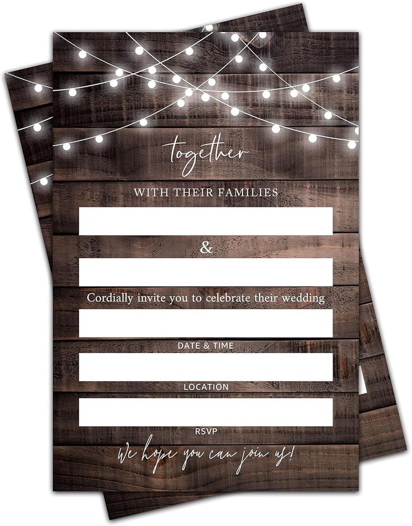 Wedding Invitation Cards with Envelopes - Rustic Wooden Fill in The Blank Bridal Shower Invite Cards, Party and Receptions Supplies, 25 Invites With Envelopes - 007TOGETHER