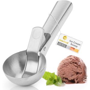 Premium Ice Cream Scoop with Trigger Ice Cream Scooper Stainless Steel, Heavy Duty Metal Icecream Scoop Spoon Dishwasher Safe, Perfect for Frozen Yogurt, Gelatos, Sundaes, Large Silver (Large, Silver)