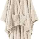 Wearable Blanket Sherpa Fleece Shawl Blanket with Pockets Blanket Poncho Cape for Adults, Cozy Shawl TV Throw Blankets (Ivory)