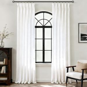 White Pinch Pleat Linen Curtains 84 inch Long 2 Panels Set for Living Room Modern Elegant Light Filtering Semi Sheer Coastal Decor Cotton Textured Gauze Curtain Triple Pleated White Drapes 84 Length