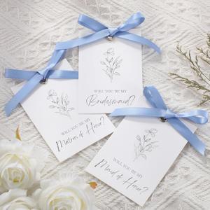 11 Pcs Bridesmaid Proposal Card with Ribbon Bow Floral Metallic Bridal Gift 8 Will You Be My Bridesmaid 2 Maid of Honor 1 Matron of Honor Invitation for Bridal Shower(White, Blue)