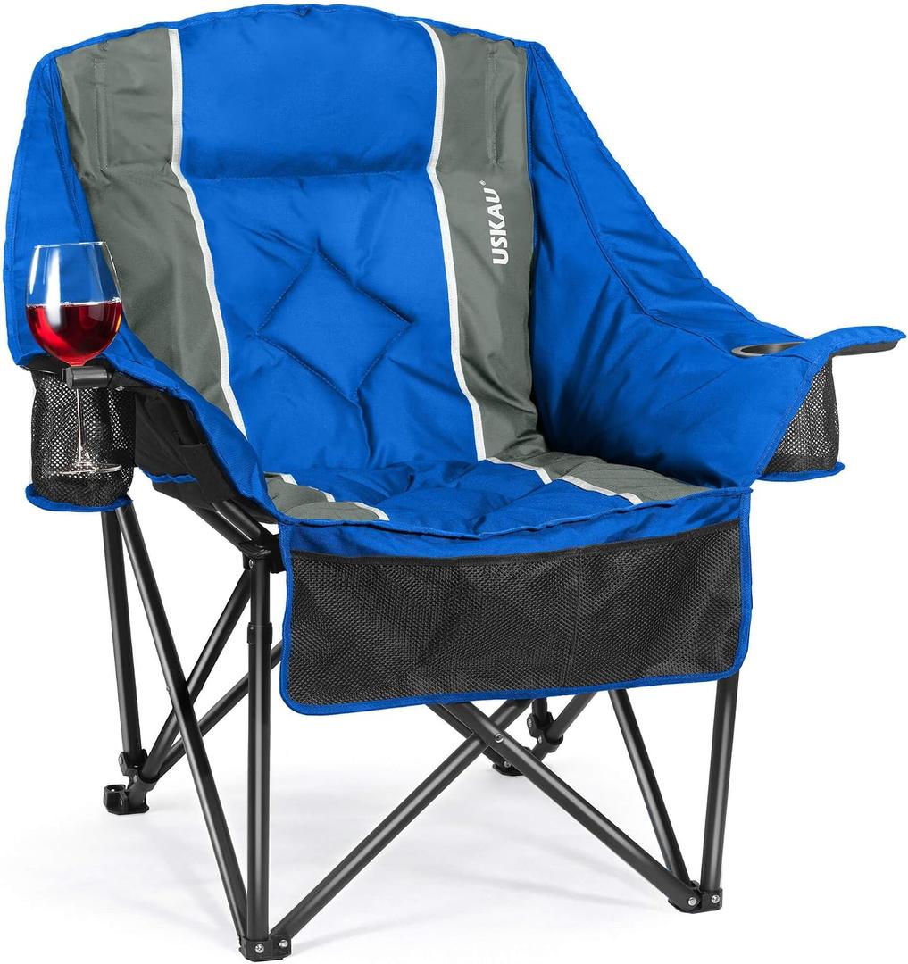 Oversized Camping Chair for Adults - Heavy Duty 400 lbs Padded Folding Chair with Wine Glass Holder, 2 Cup Holders & Side Pockets, Portable Carry Bag for RV, Tailgating, Lawn, Single Seat