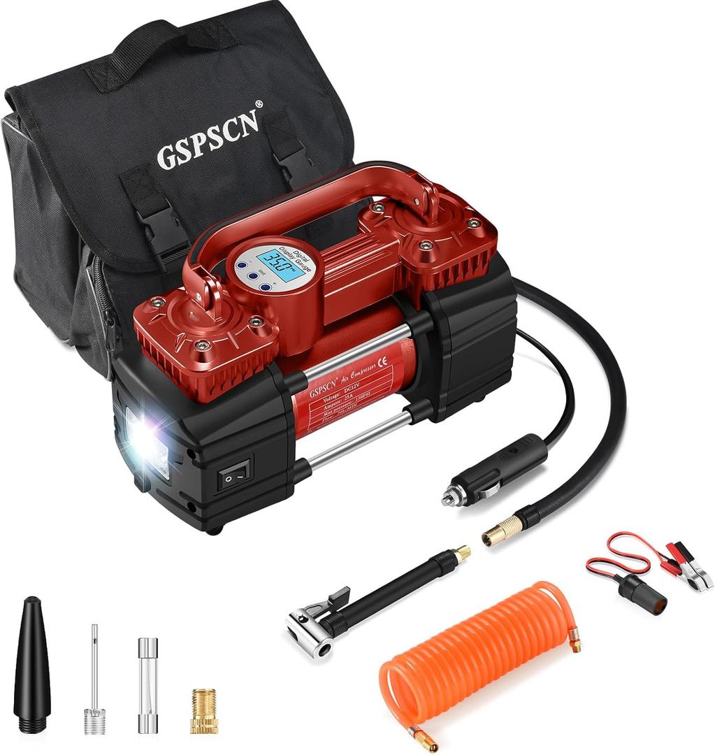 GSPSCN 6X Faster Inflation Portable Digital Car Tire Inflator with Gauge 150Psi Auto Shut-Off, Heavy Duty Double Cylinders 12V Air Compressor Pump with LED Light for Auto,Truck,Car,Bicycles,RV,SUV (Red)