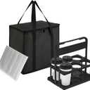 Reusable 6 Cup Drink Carrier with Handle and Insulated Food Delivery Bag, Portable Plastic Cup Caddy, 26L Grocery Cooler Box for Car Delivery, Travel, Picnic (Black)