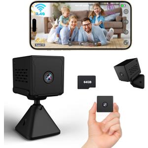 Spy Camera,, 4K Full HD WiFi/No WiFi Security Camera, Mini Camera Wireless with 64GB TF Card, 2000mAh Large Battery, Clear Night Vision, AI Motion Detection, Mini Camera Spy for Indoor/Outdoor Use (Black)