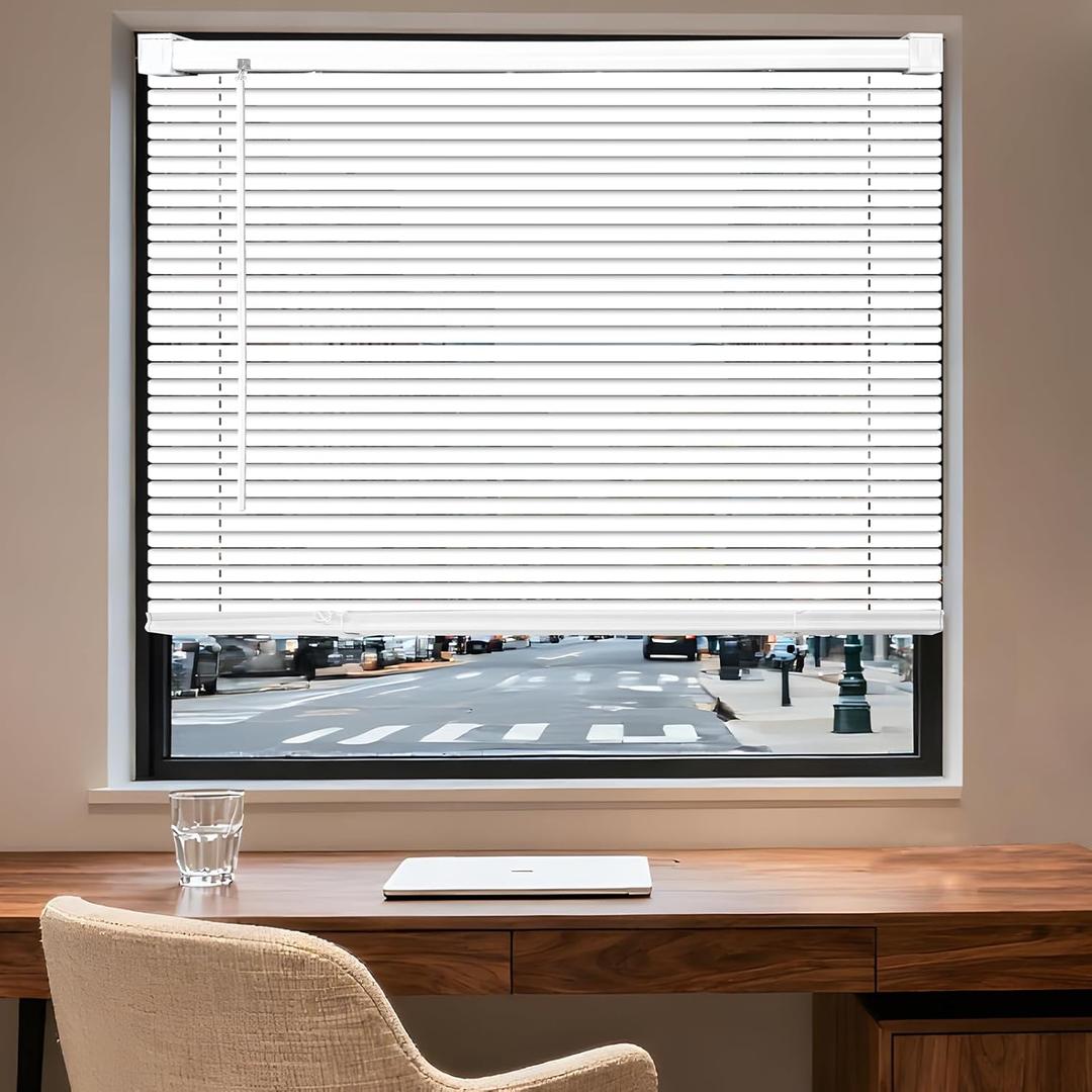 BLINDLY Home Cordless Light Filtering 1" Vinyl Mini Blinds for Windows,Horizontal Window Blinds for Home,Cordless Shades for Indoor&Outdoor Windows,29" W x 64" L,White