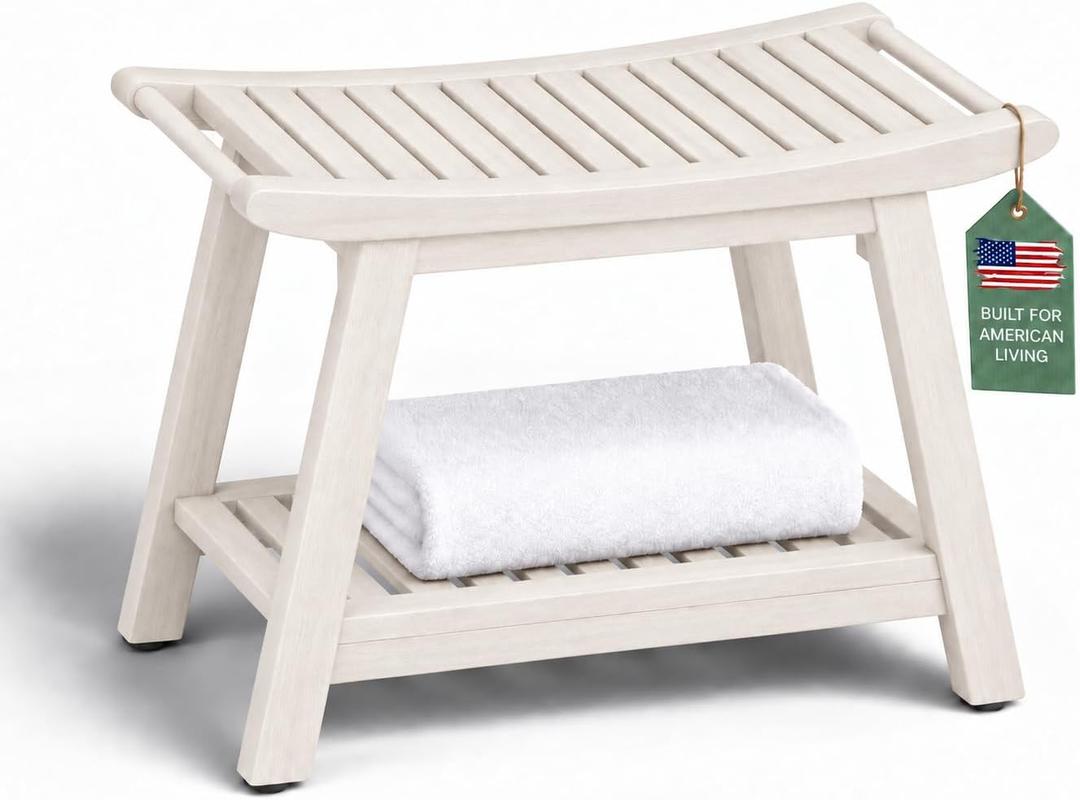 Wood Shower Bench for Inside Shower, 24" Stool Chair with Shelf
