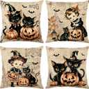 Vintage Halloween Throw Pillow Covers 18x18 inch, Retro Girls Cats Pillow Cases for Couch Sofa Decor Set of 4 (Style 5)