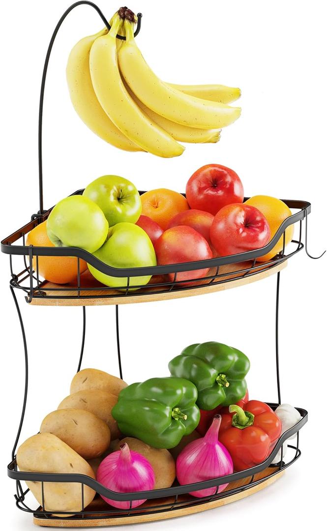 2 Tier Fruit Basket for Kitchen Counter with 3 Banana Hangers, Vegetable Holder with Bamboo Base for Kitchen Corner Storage, Black