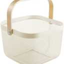 Metal Mesh Steel Basket, Storage Organizer Basket Multi-functional Hanging Kitchen Baskets Fruit Basket Bin with Bamboo Handle for Kitchen Bathroom Picnic Shopping Decor Cabinet Home, Beige