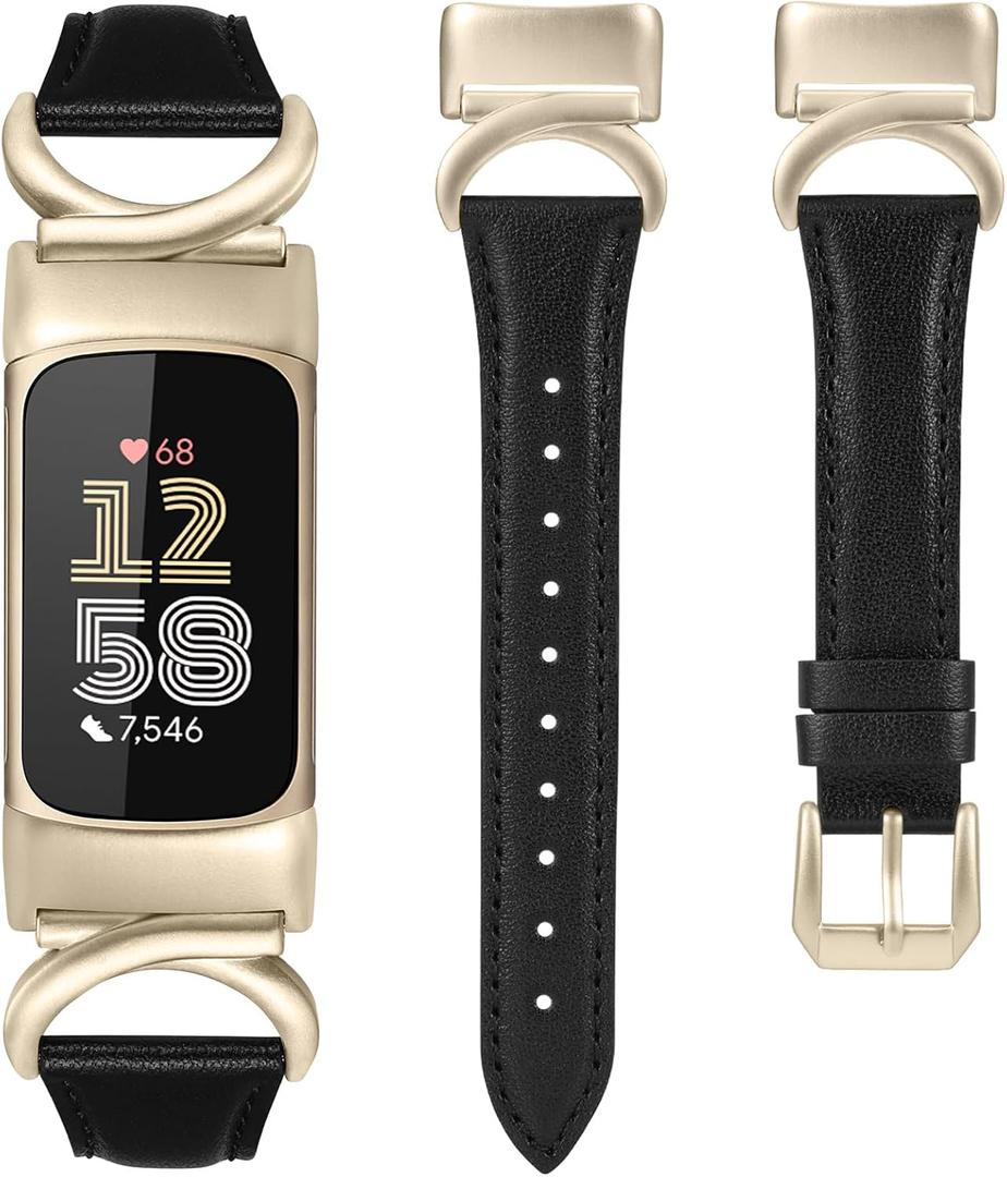 Minyee Leather Bands Compatible with Fitbit Charge 6/Fitbit Charge 5 Band Women, Slim Thin Dressy Premium Leather Strap with C-Shape Metal Buckle for Charge 6/5 Watch Accessories