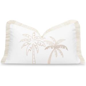 Hofdeco Premium Fall Coastal Patio Indoor Outdoor Lumbar Pillow Cover Only, 12"x20" Water Repellent for Backyard, Couch, Neutral Tan Embroidered Coconut Tree with Fringed Trim