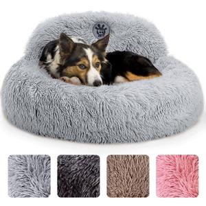 PetJett Calming Dog Bed Medium Size Dog - 30'' Donut Bed, Anti-Slip & Washable Super Soft Fluffy Plush Round Bed, Anti-Anxiety Premium Comfort Pet Bed, Fits Dogs up to 45 lbs - Bright Grey