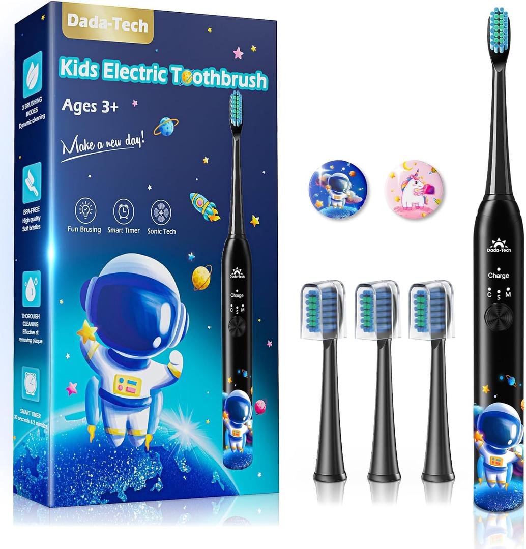 Kids Electric Toothbrush Rechargeable Age 3-5-6-12-18 Year Old, Sonic Toothbrush Kids with Timer 3 Modes 4 Vibrating Heads Habit Stickers Tooth Brush for Girls Boys and Children's (Astronaut Black)
