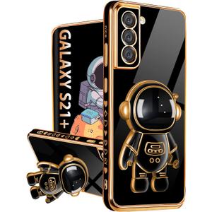 Buleens for Samsung Galaxy S21 Plus Case with Astronaut Stand, Women Girls for Galaxy S21 Plus Cases, Girly Cute 6D Space Astronaut Hidden Kickstand Design Phone Cover for S21 Plus 6.7 Inch Black