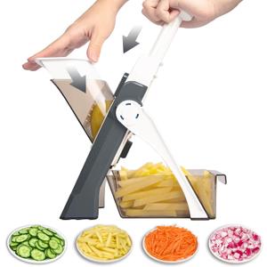 Safe Mandoline Vegetable Chopper With Container for Kitchen, Professional, More with 30+ Presets & Thickness Adjuster, Faster Food Slicer Gadgets for Onion,Potato - Gray