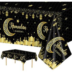 2 x 2 Pcs Ramadan Tablecloth - Plastic Black Gold Ramadan Kareem Table Cloth, Disposable Rectangle Eid Moon Star Table Cover for Ramadans Mubarak Home Party Supplies Decorations Table Decor, 108 x 54 Inch