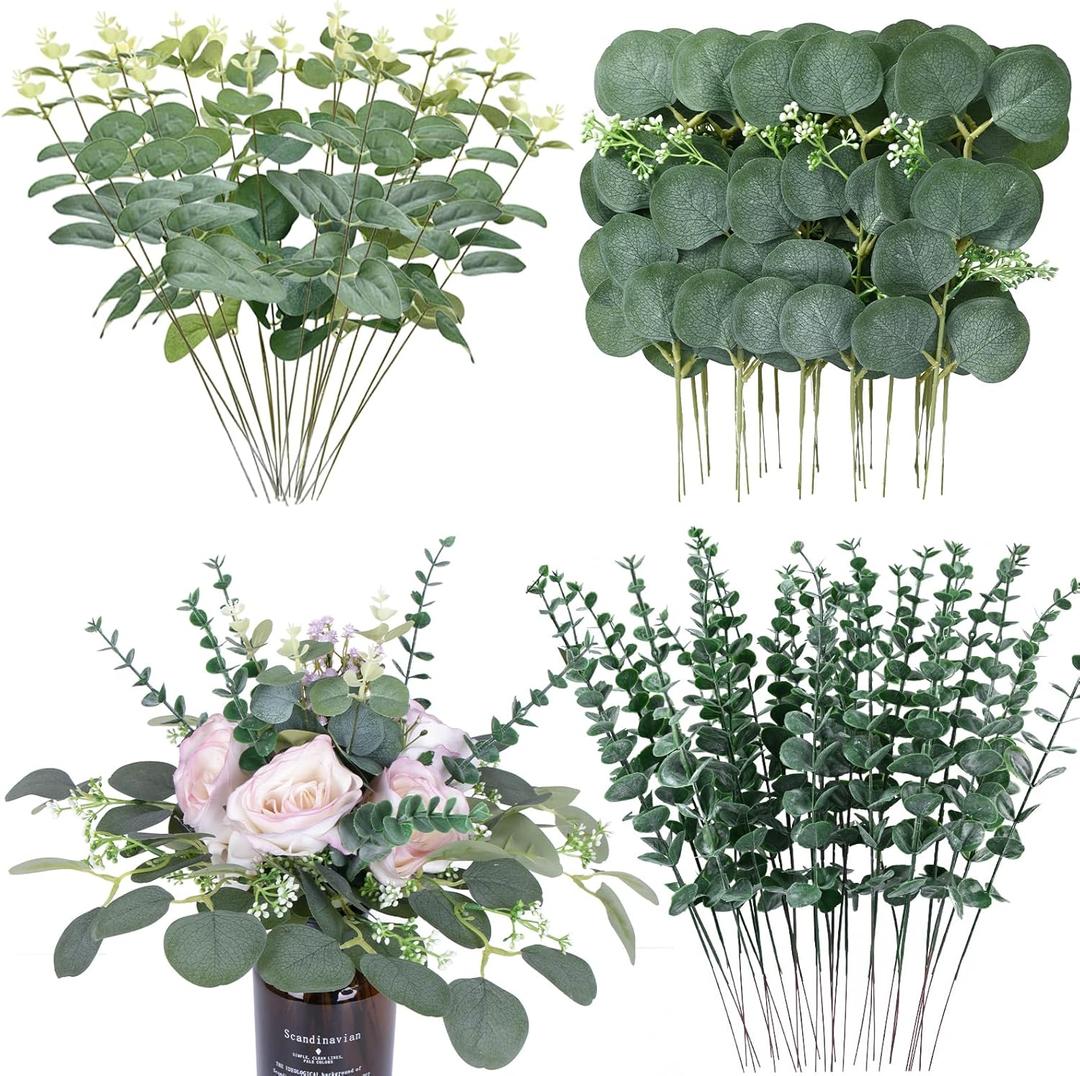 Abzo 90 Pcs 3 Kinds Mixed Eucalyptus Stems Bulk Artificial Eucalyptus Leaves Sprays Faux Oval Eucalyptus Greenery Stems for Wedding Vase DIY Bouquets Bouquet Floral Arrangement Home Decor