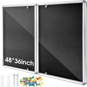 Motipuns 48"x36" Lockable Enclosed Bulletin Board with Glass Door, Weather Resistant Cork Notice Board, Wall Mounted Display Case for School Office Community Outdoor, 12xA4(Black, Silver Frame), 47.2" x 35.4"