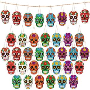 Hoteam 36 Pcs Day of The Dead Wooden Ornaments Dia De Los Muertos Sugar Skull Ornaments Halloween Hanging Skeleton Head Decorations for Holiday Party Christmas Tree Decoration