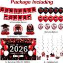 DARUNAXY Black Red Graduation Party Decorations, Red Class of 2026 Graduation Banner, 2026 Congrats Grad Honeycomb Hanging Swirl Confetti Balloon Congratulations Graduates Party Supplies(25PC)