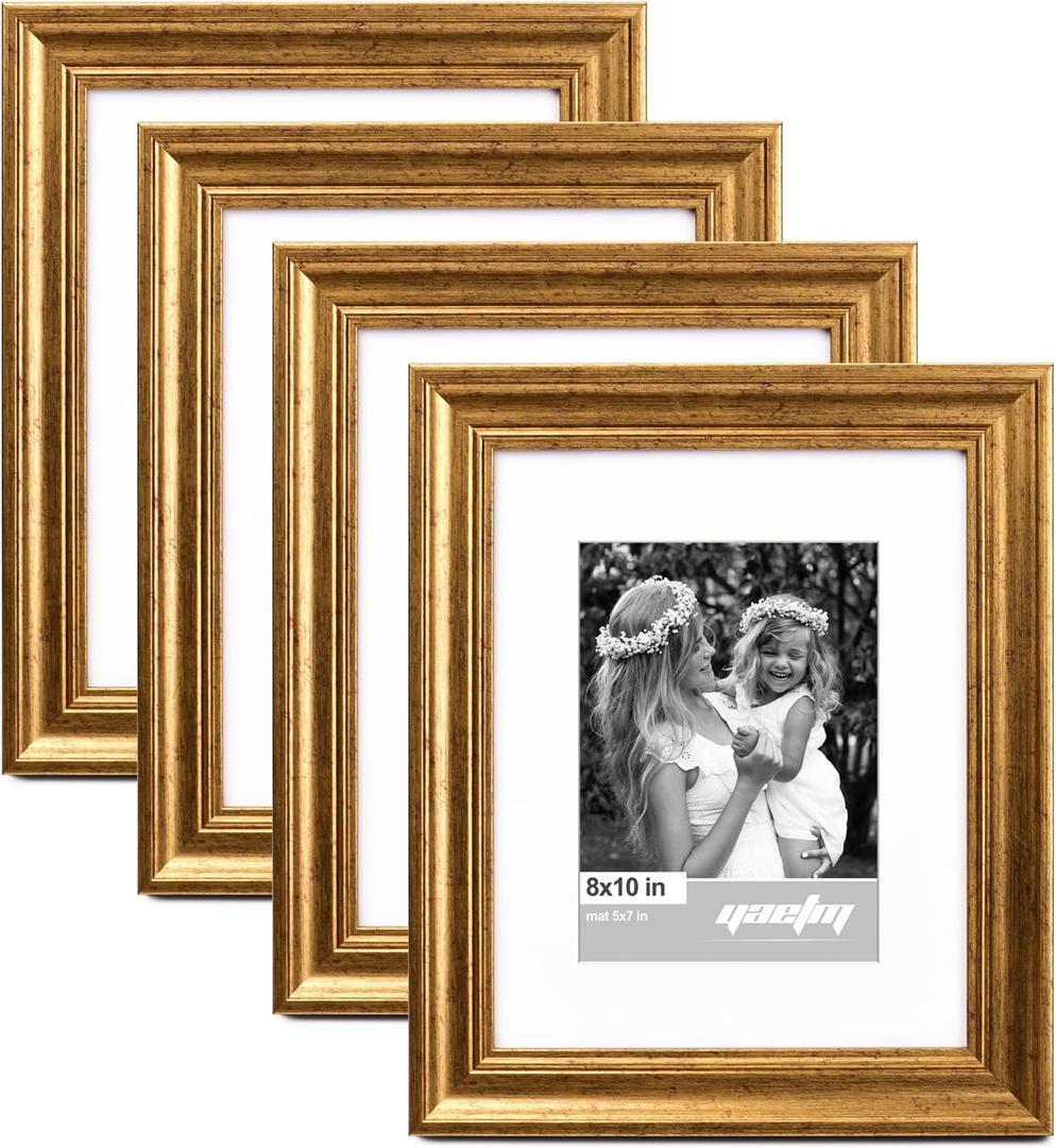 Yaetm 8x10 Picture Frame Matted to 5x7 Set of 4, 1.4 Wide Molding & Rustic Gold Photo Frames 8 x 10 with Tempered Glass, Display on Tabletop & Wall Mounting (4 pack, Gold)
