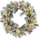 NALONE 24 Inch Snow Flocked Christmas Wreath, Pre-Lit Artificial Christmas Wreaths with 40 LED Lights&Timer, Pine Cones and Red Berries, Xmas Wreath for Front Door Decoration (Snow Flocked)