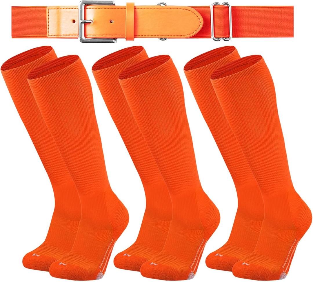 Londkaron Youth Elite Baseball/ Softball Socks & Belt Combo (3 Pairs of Socks with 1 Belt) (Medium, Orange)