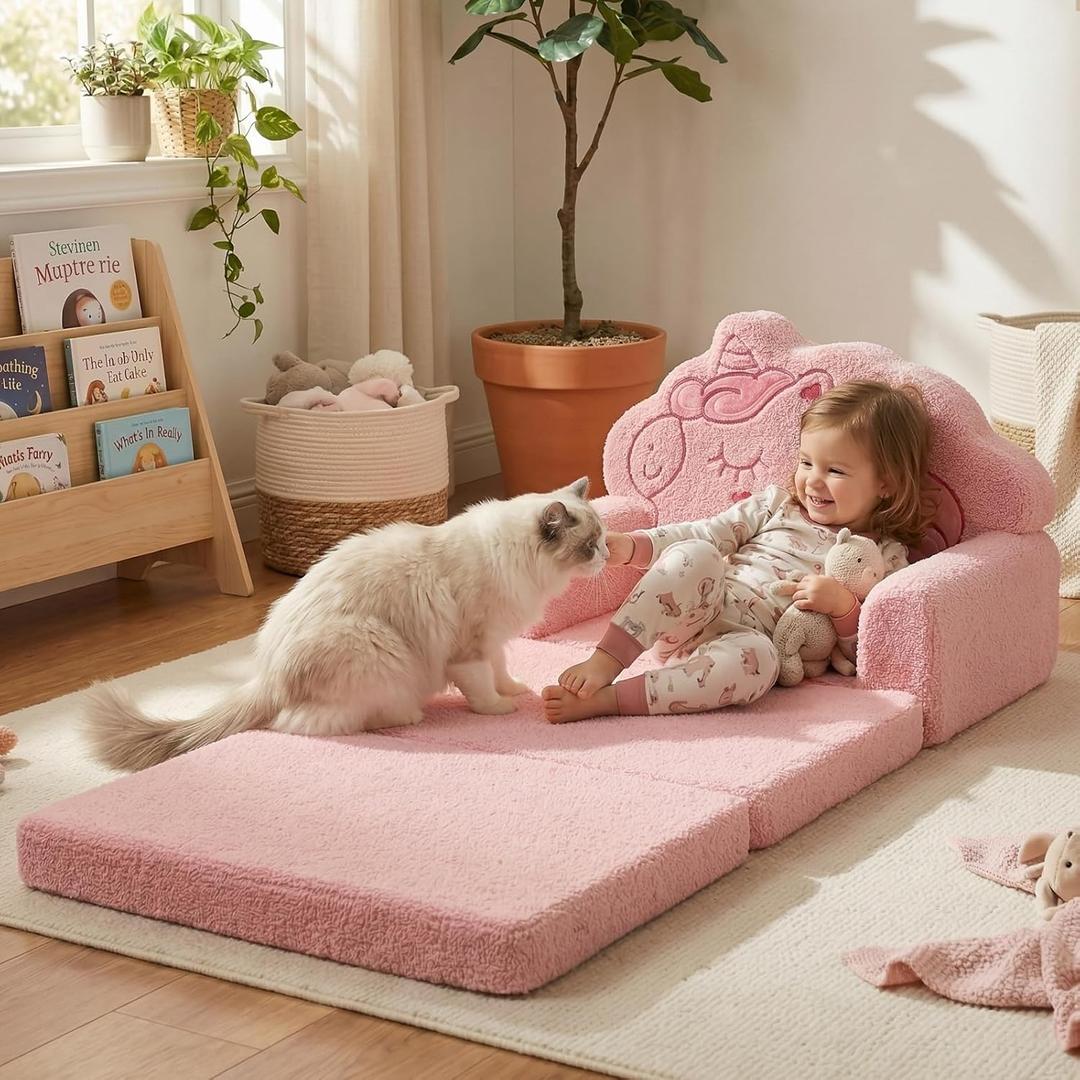 TinyPalsa Kids Couch, Convertible Sofa to Lounger Fold Out, Pink Magical Pony Design Chair for Toddlers 1-3, Gift for Birthday, Movie Night, 48 x 22 inches
