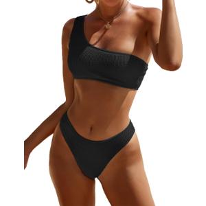 YIMISAN Women's Ribbed Bikini Sets One Shoulder Top with Mid Waist Two Piece Bathing Suit (Medium, Black)