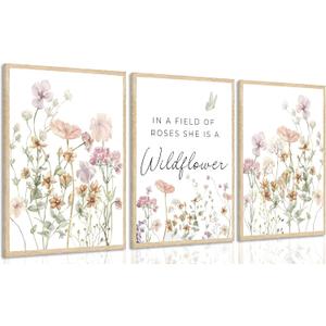 3Pcs Watercolor Flowers Nursery Wall Art Florals Botanical Sentence Picture Wall Decor Pink Wildflowers Poster Print Artwork for Girl Nursery Office Bedroom Livingroom Inspirational Wall Decoration