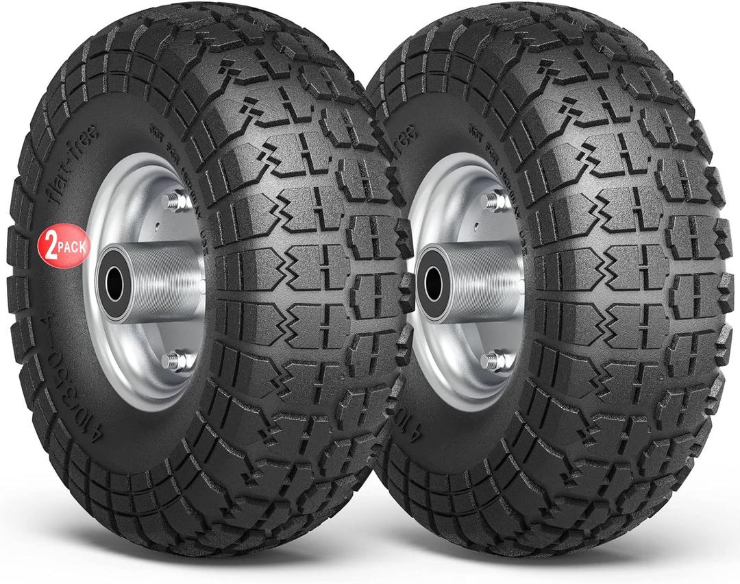 4.10/3.50-4 Tire Wheels Flat Free, 10" Heavy Duty Solid Replacement Tires with 5/8 Bearings for Wagon, Wheelbarrow, Hand Truck, Generators (2 Pack) (2 PCS Solid Tire)