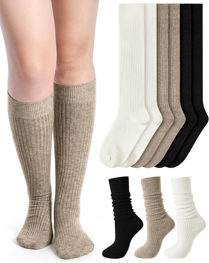 Shihanee 3 Pairs Winter Women Knee High Socks Long Ribbed Knit Slouchy Boot Socks Warm Gifts for Women Girls (Simple Colors)