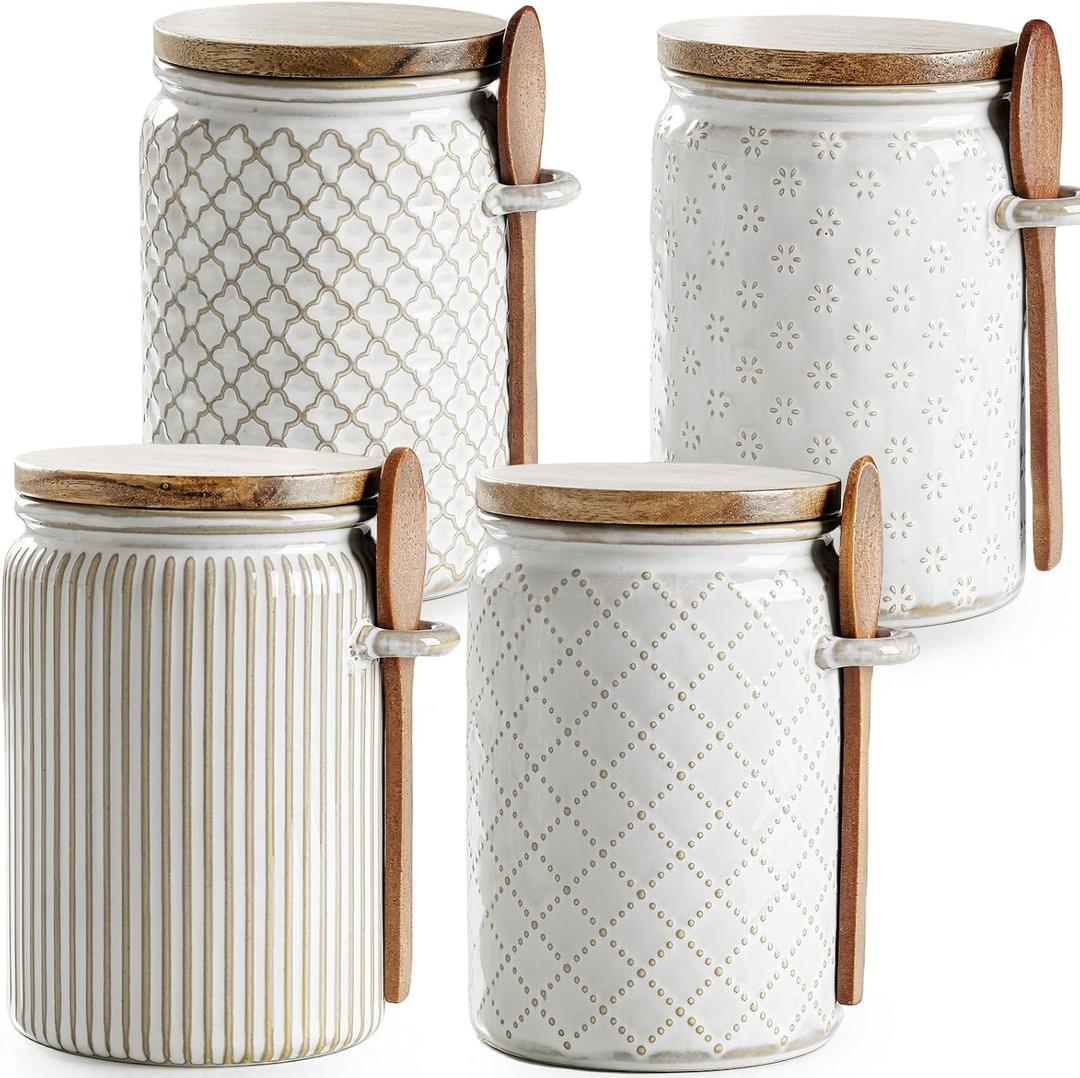 getstar Small Canisters Sets for the Kitchen, 20 oz Sugar Coffee Tea Storage Containers, Ceramic Kitchen Canisters for Countertop Set of 4 with Airtight Lids and Teaspoons