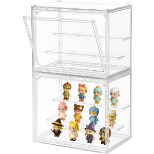2-Pack Acrylic Display Case for Collectibles, Modular 3-Tier Display Box with Magnetic Door, Stackable Figure Cabinet Compatible with Popmart, Fits Funko Pop & 1:24 Diecast Cars