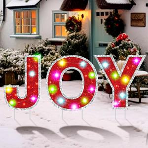 3 Piece Joy Outdoor Christmas Decoration 31.5 Inch LED Joy Letters Lighted and Yard Sign with Stakes for Holiday Xmas Garden Indoor Home Church Eve Party Night Decor