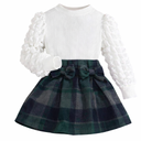 Girls Fall Outfits Bubble Long Sleeve Top Plaid Printed Bow Skirt 2 Piece Set Leisure Wear Winter Clothes Baby Girl Coffee, 0-3 months