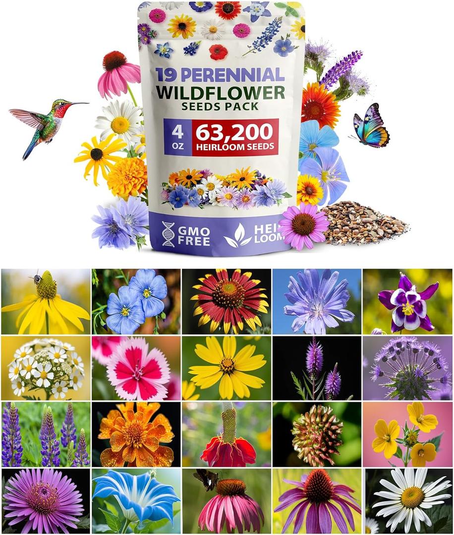 HOME GROWN Wildflower Seeds Bulk 4 oz 63,200+ Seeds 19 Varieties Non-GMO Perennial Mix, Butterfly & Pollinator Flower Seeds, Attract Bees, Birds & Hummingbirds, Outdoor Planting