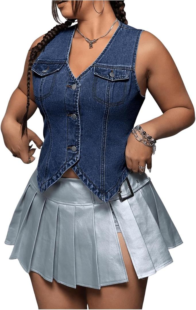 SHENHE Women's Plus Size Denim Vest V Neck Button Down Asymmetrical Y2k Jean Vest Crop Top, 3X-Large Plus