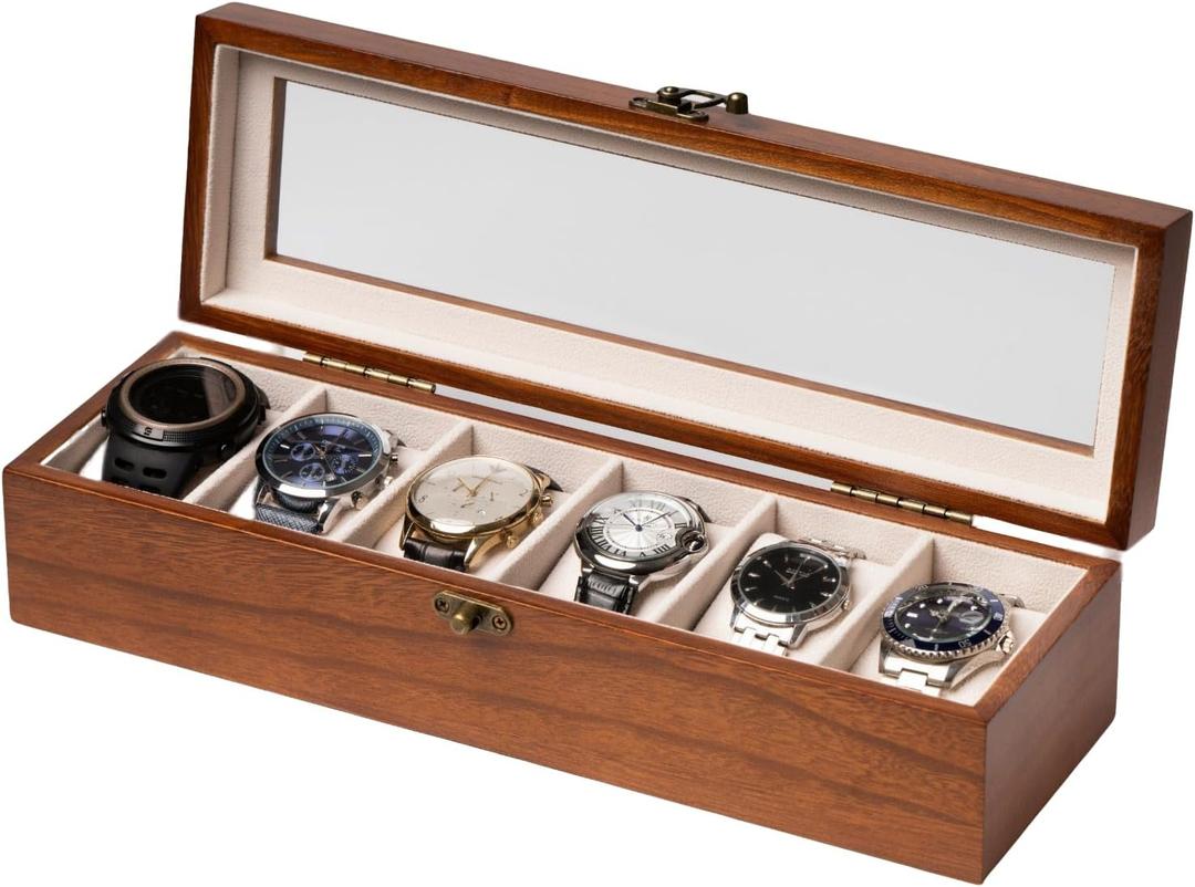 Watch Box, Watch Case for Men Women with Large Glass Lid, Wooden Watch Display Storage Box with 6 - Slots, Classic Walnut Mens Watch Box Organizer