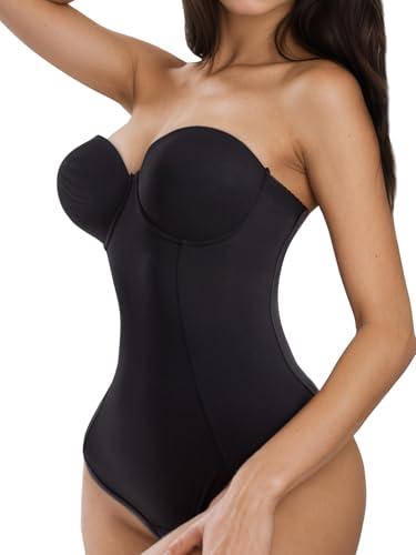 SKPNCV Women's Strapless Body Shaper Tummy Control Waist Push Up Bodysuit with Cups and Detachable Straps Shapewear (Black (Thong), Medium)